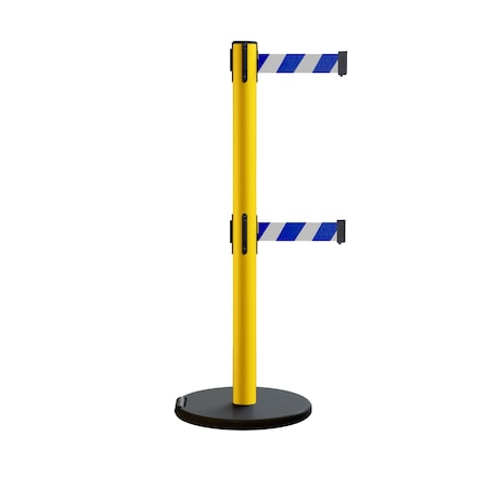 Montour Line Retractable Belt Dbl Rolling Stanchion 2.5ft Yellow Post  11ft. Blu/Wh P400DRL-YW-BWD-110